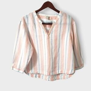 L.L. Bean Womens Pink Stripe Linen Popover Top Sz MP Coastal Preppy Cottage Boxy